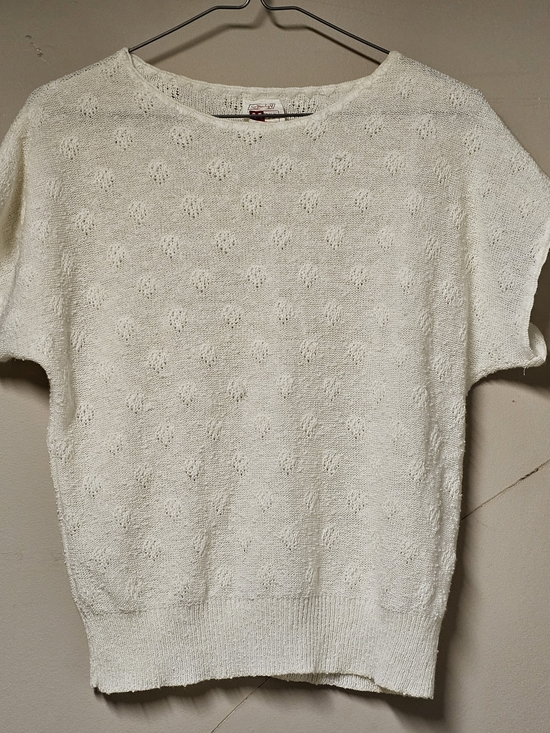 St. Michael Tops - St. Michael Vintage Short Sleeve Knit Sweater Cream Size 14 Acrylic Nylon